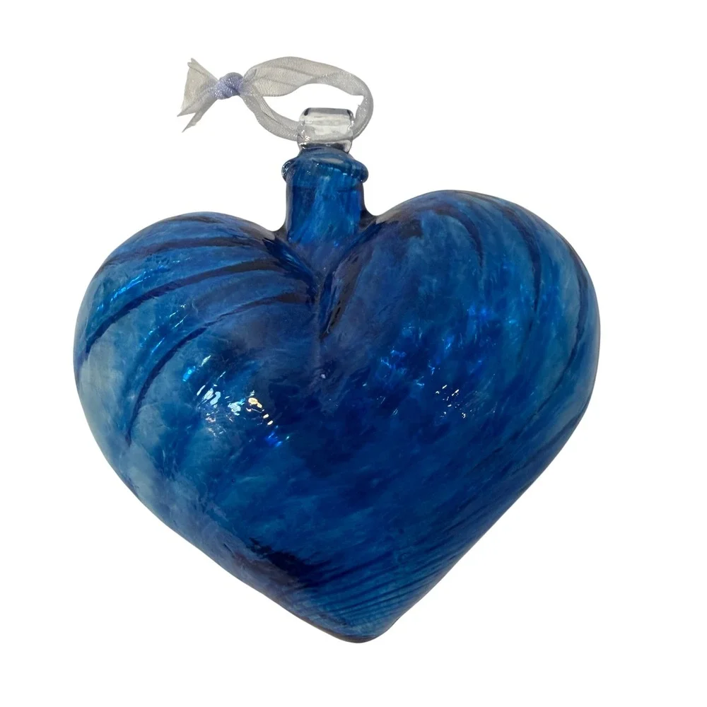 Hand Blown Cobalt Blue Art Glass Heart Ornament Marbled Swirl 4 Inch